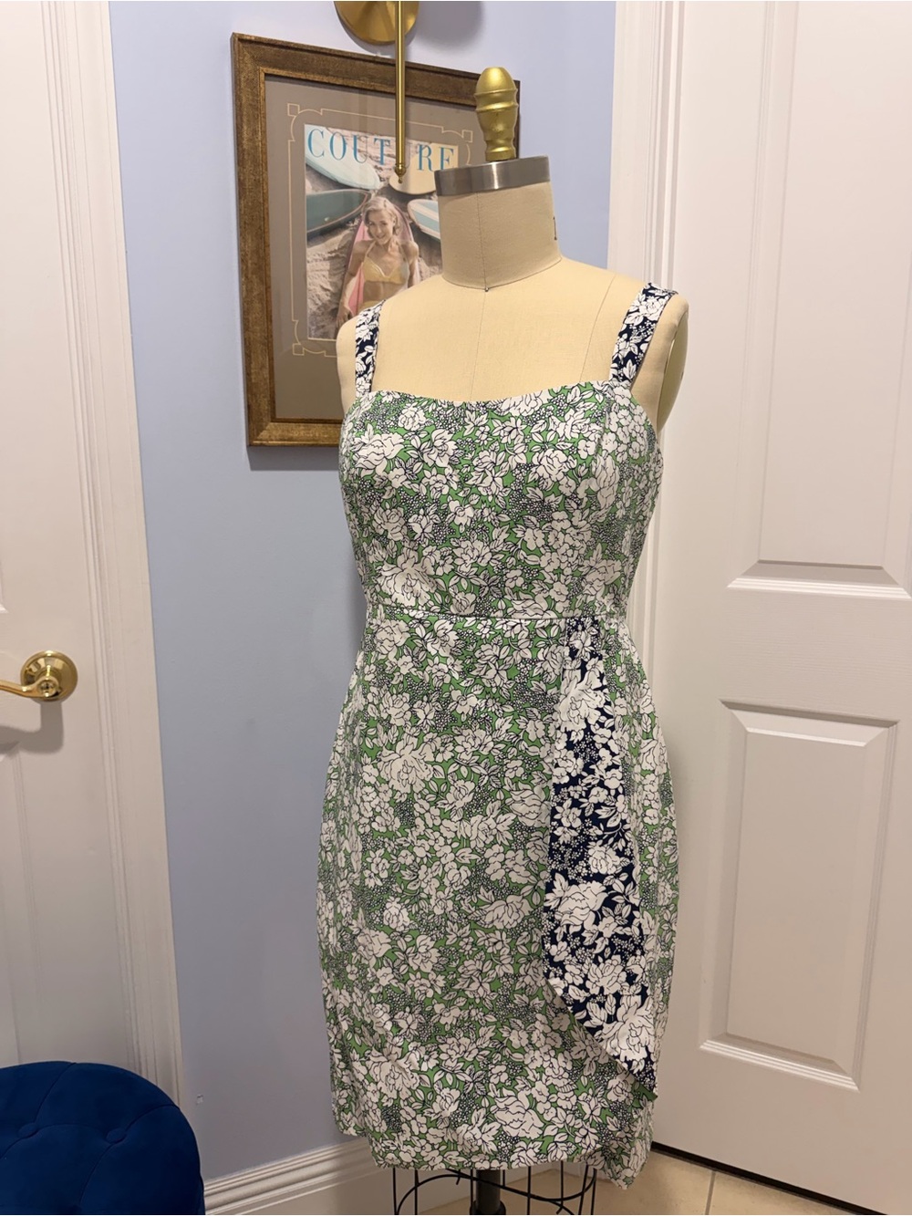 Anthropologie Green and Navy Floral Midi Dress